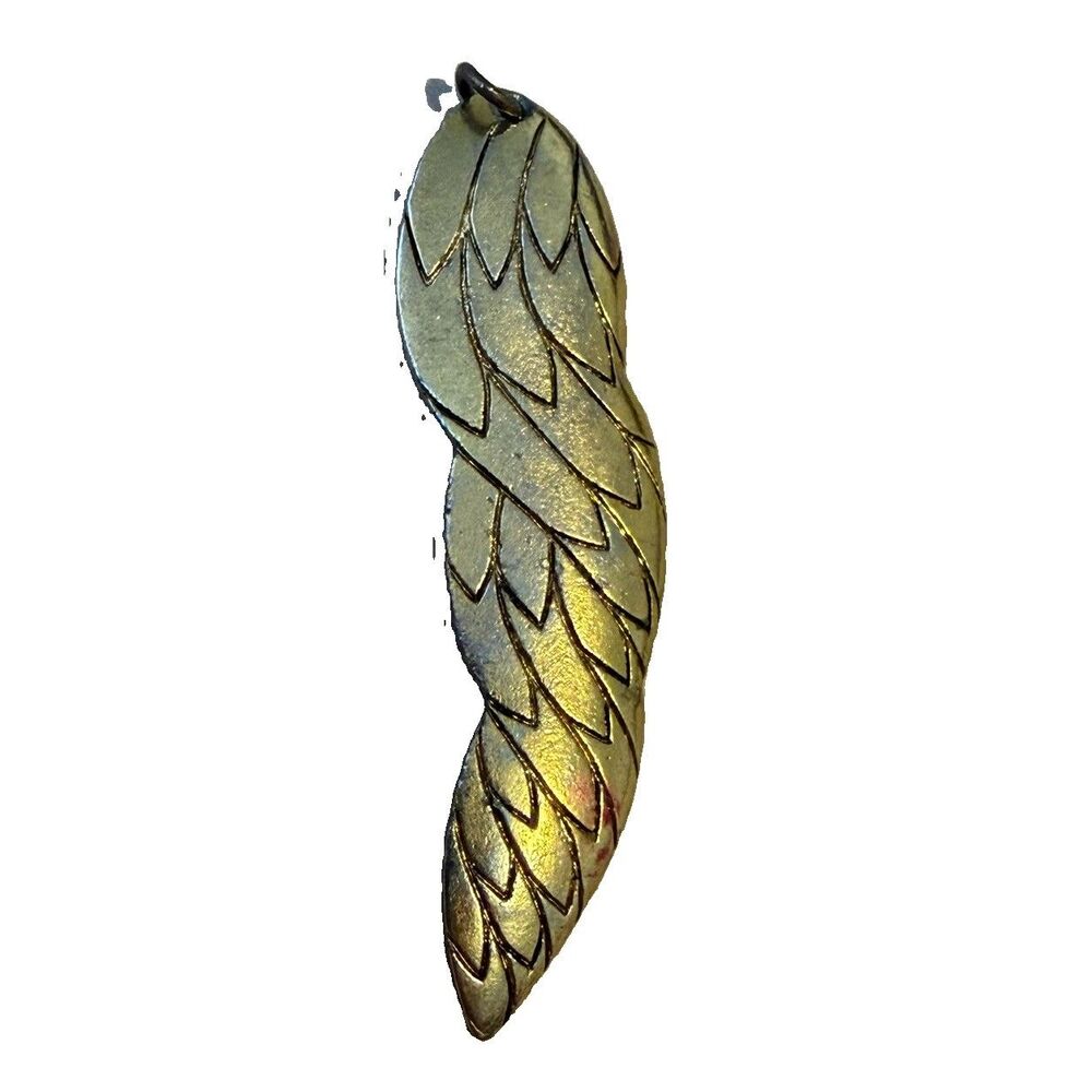 Vintage Gold Tone Feather Angel Wing Pendant Textured Layered Leaf Charm 2.3"